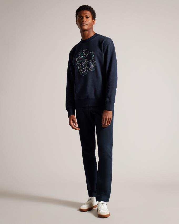 Sweatshirt Ted Baker Long Sleeve Embroidered Flower Bleu Marine Homme | UBW-44201547